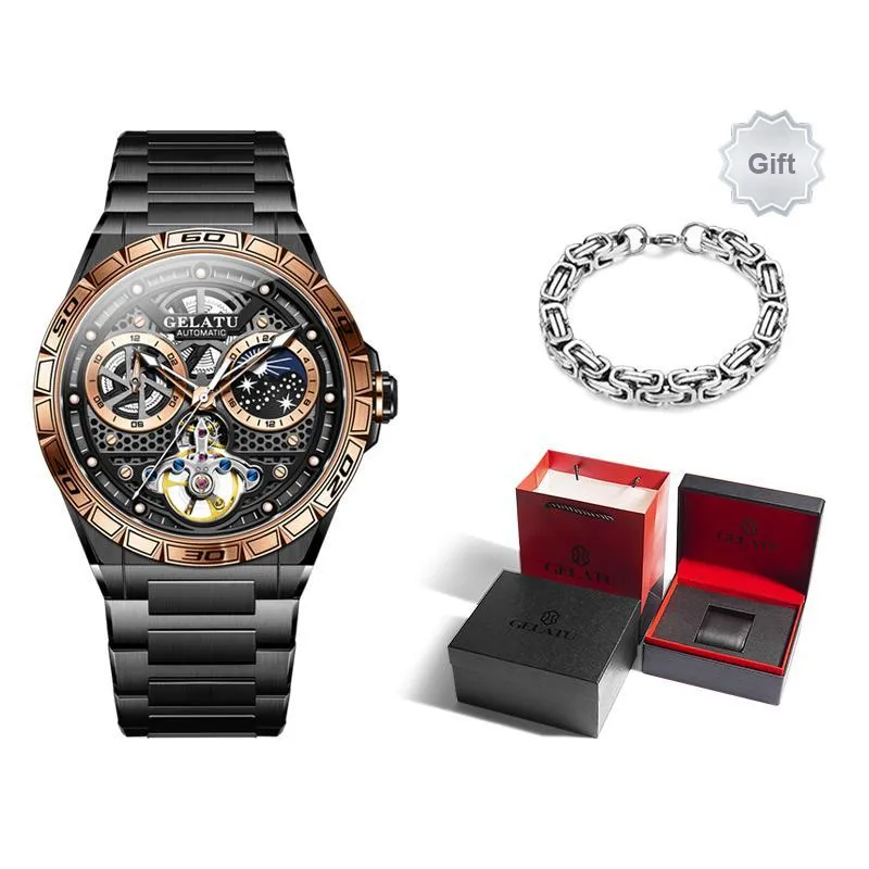 GELATU Mechanical Movement Stainless Steel Watchband Watch Men's Watches Black Dial-5