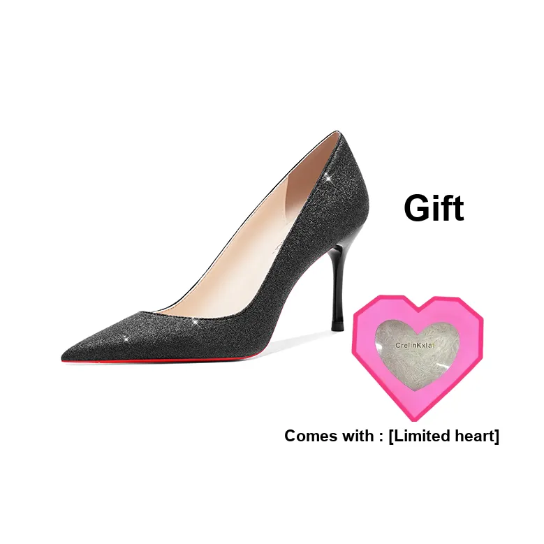 Crelinkxlat French Versatile Sequins Crystal Wedding Shoes Slim Heel High Heels Women's Starburst Black