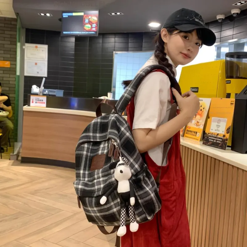 Yalu Woolen Backpack Unisex Black White Plaid/Brown Gray Plaid/Red Plaid/Brown Blue Plaid-4