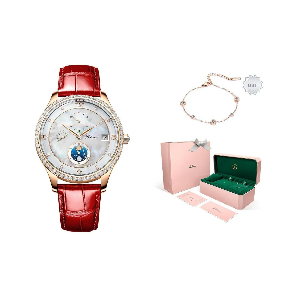 LOBINNI L Элегантные Женские Часы Автоматический Механический Механизм Корова Кожа Ремешок Часы Женские Белый Циферблат