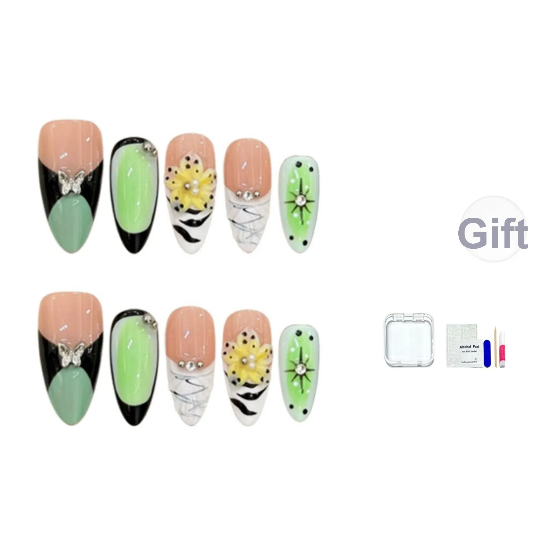 JINGCHANXUE Цветочный Разреженная тень Западный Линия False Nail Миндаль Французский Градиентный Гороховый узор 14mm