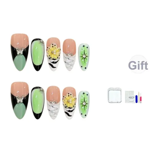 JINGCHANXUE Цветочный Разреженная тень Западный Линия False Nail Миндаль Французский Градиентный Гороховый узор 14mm