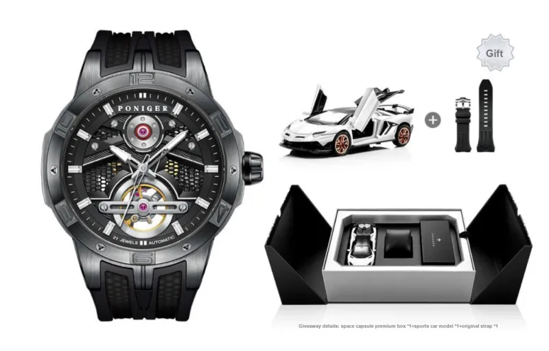 PONIGER Space Man Concept Automatic Mechanical Movement Rubber Strap Men's Watches Cut Out Dial-7