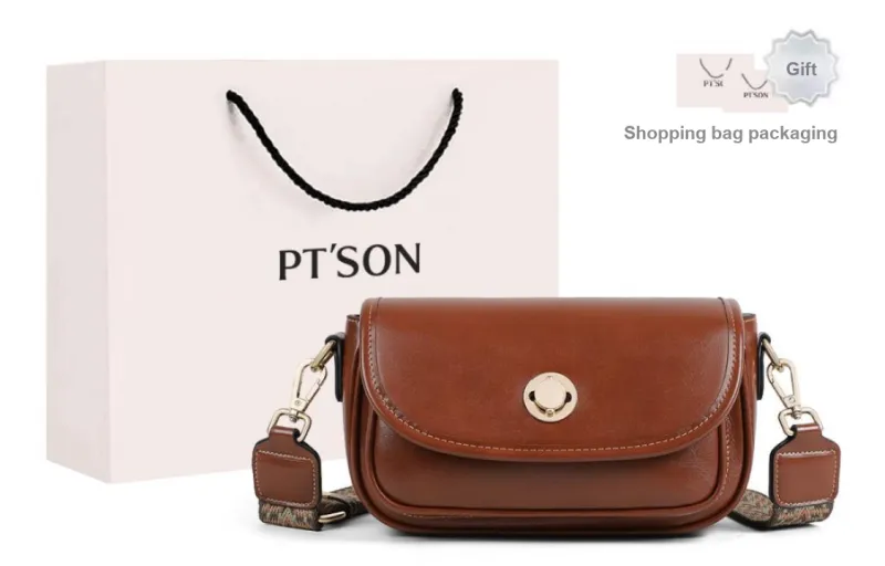 PT'SON Cow Leather With Synthetic Leather Shoulder Bag, Small Square Bag, Crossbody Bag Women's Brown-0