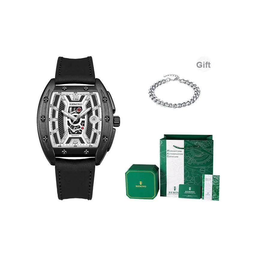 RENOVO Кварцевый механизм натуральная кожа ремешок мужские часы черный циферблат