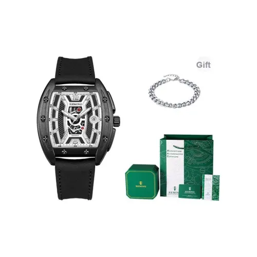 RENOVO Кварцевый механизм натуральная кожа ремешок мужские часы черный циферблат