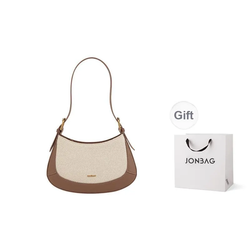 JONBAG Fabric Crescent Bag Shoulder Bag Crossbody Bag Portable Shoulder Bag Small Size Women's White & Nut Brown-0