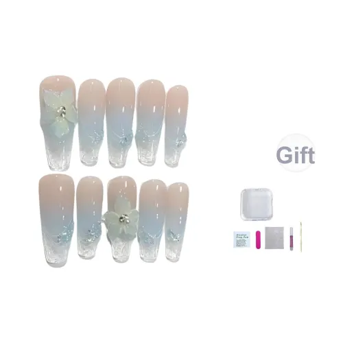 A Few More Cute Мечтательный Ледяной Цветочный Дизайн Премиум Touch Ледяной Цветочный Дизайн Dreamy Градиентный False Nail Трапециоид Длинный Синий Телесный
