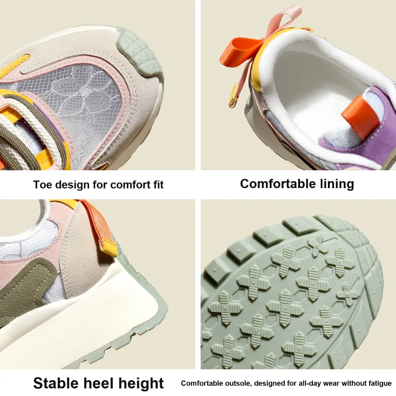 FOXER Cushioning Abrasion Resistant Lightweight Height Increasing Mat Low Top Chunky Sneakers Women's Beige/Pink/Yellow-7
