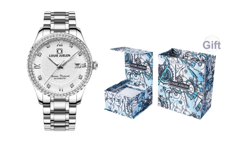 LOUIE JUELEN Mechanical Movement Stainless Steel Watchband Watch Unisex White Dial-0