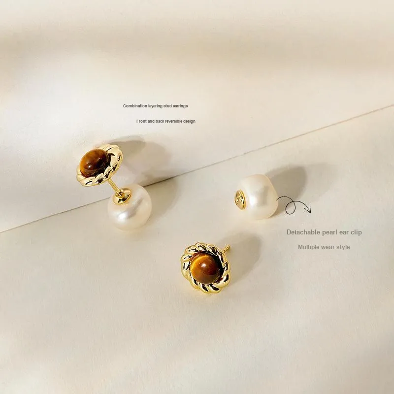 Amber Lollipop Caramel Coffee Series Tiger's Eye Stone S925 Sterling Silver Stud Earrings Women's-2
