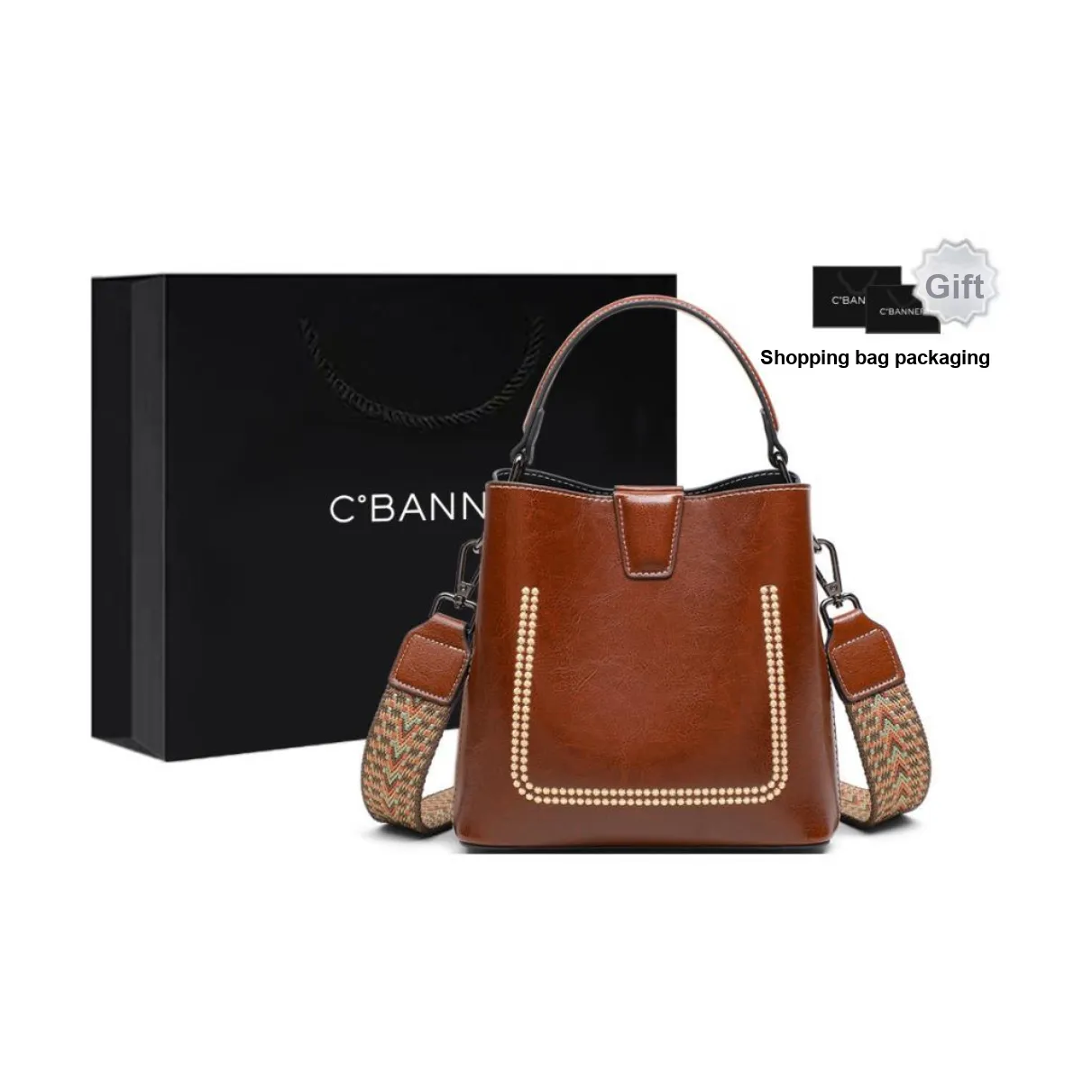 C°BANNER Split Cow Leather With Synthetic Leather Bucket Bag Handbag Regular Women's Vintage Brown