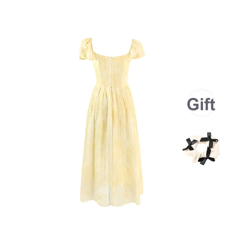 TORIGHT Short Sleeved Dress Women's Yellow+Bowknot Hair Tie Comes With-1