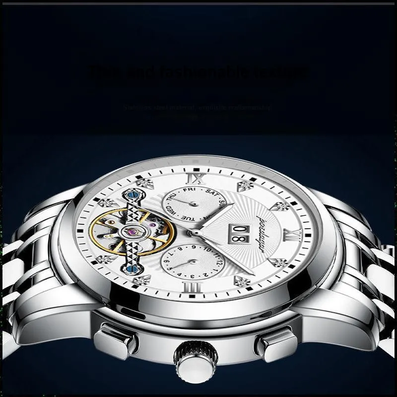 POEDAGAR Mechanical Movement Stainless Steel Watchband Men's Watches Black Dial-13
