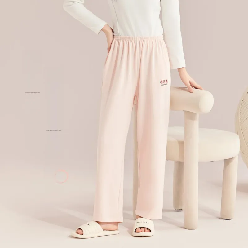 Urban Beauty Pajama Pants Fashion Solid Color Casual Versatile Girlish Heart, Sweet Style Embroidery Cute Women's-3