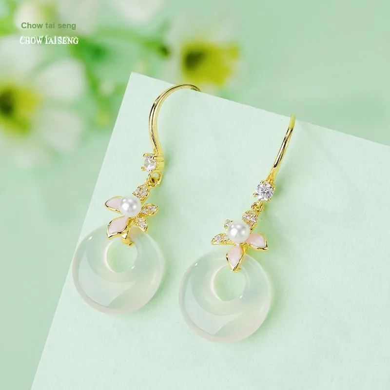 CHOW TAI SENG Chalcedony White Chinese Style Floral Hoop Earrings Women's-4