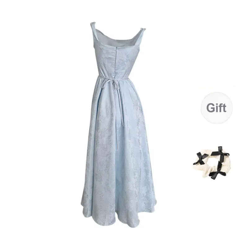 CPAURA Slip Dresses Women's Blue Jacquard+Bowknot Hair Tie Comes With-1
