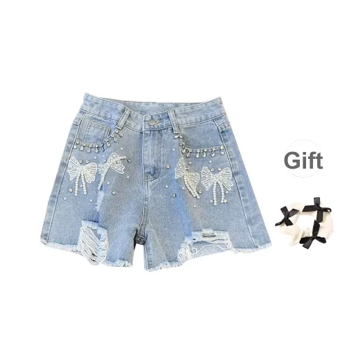 TURN UP Denim Shorts Women's Blue+Bowknot Hair Tie Comes With