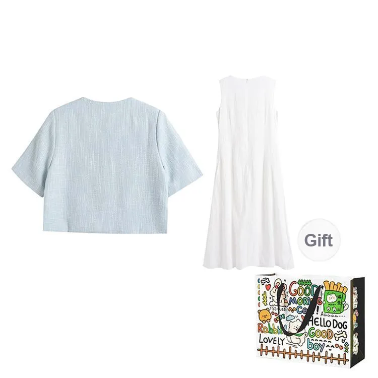 Pzhk Skirt Set Women's Blue Tank Top+White Dress-1