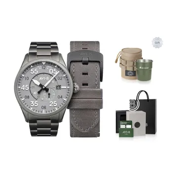 AVI-8 Spitfire Collection Wrist Watch Automatic Mechanical Movement Stainless Steel Strap Gray Dial Men's Watches Box