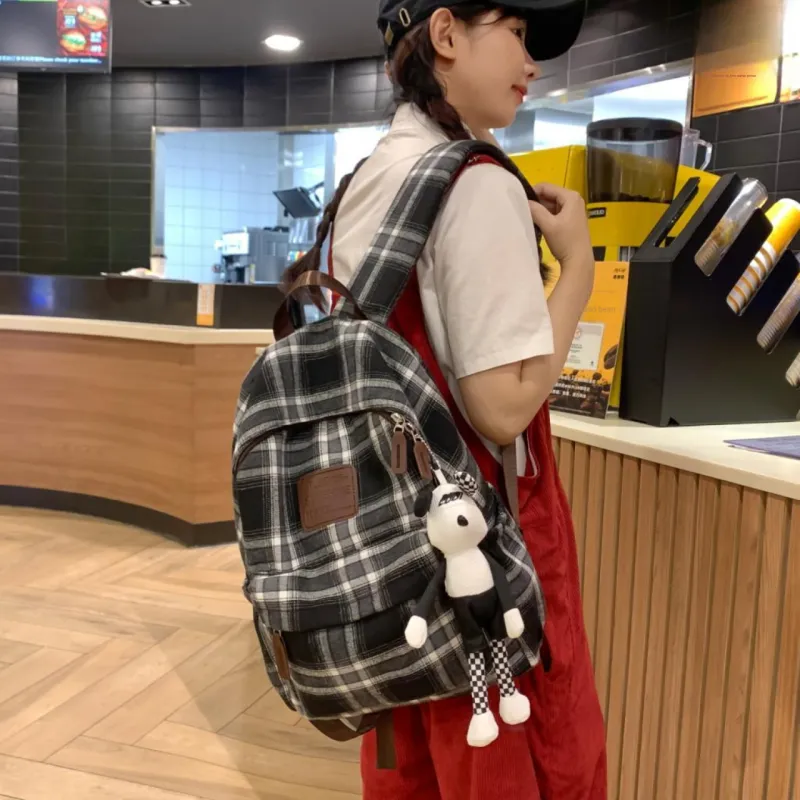 Yalu Woolen Backpack Unisex Black White Plaid/Brown Gray Plaid/Red Plaid/Brown Blue Plaid-3