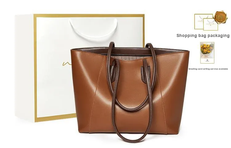 Narandu Cow Leather Tote Bag Shopping Bag Shoulder Bags Large Size Women's Brown/Ecru & Apricot-6