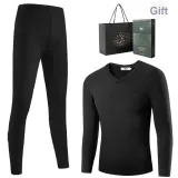 Thermal Underwear Tops+Long Johns (Black) Wool Blend/Fine Fleece/Invisible V-Neck