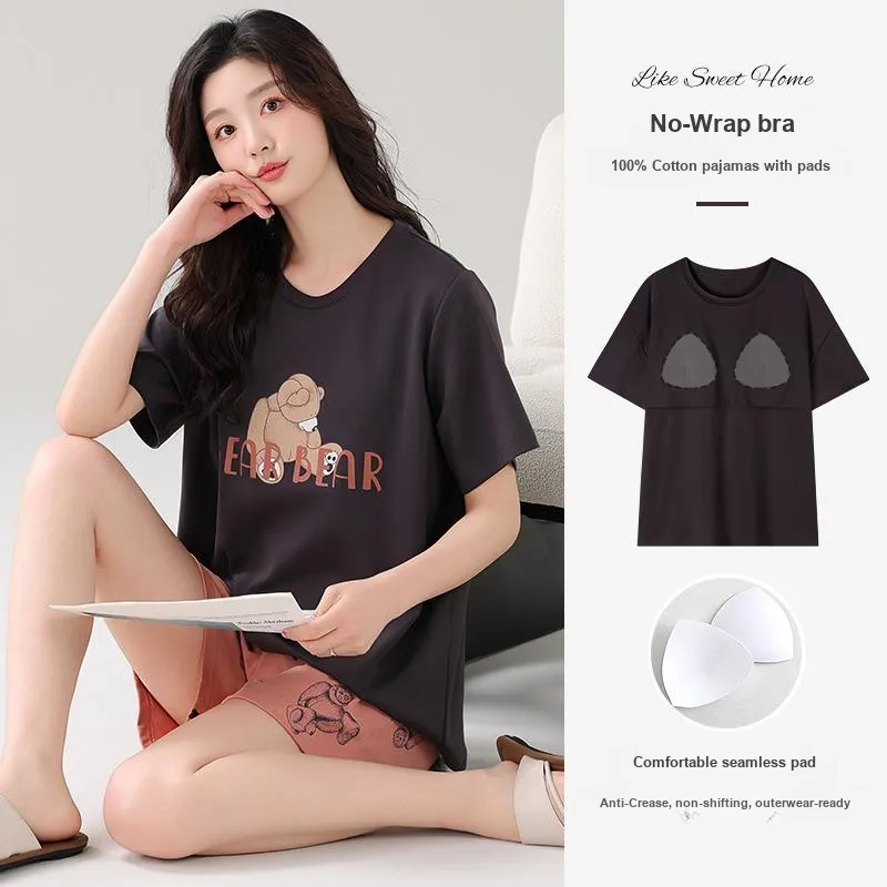 NOME Spring Summer 100% Cotton Pajamas, Short Sleeved Shorts Women's Two Piece Set-6