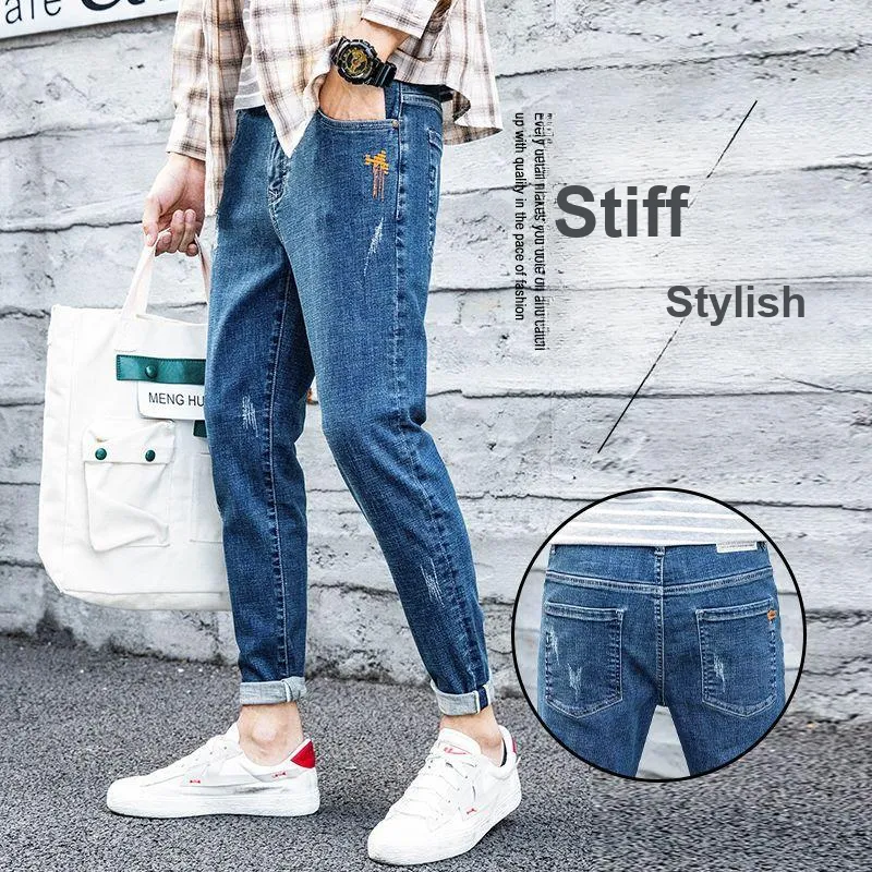 YUQIAN Jeans Men Blue Ankle Length Pants-1