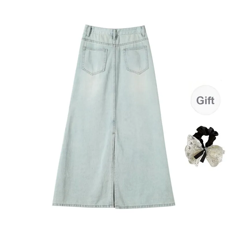 PAVEA Denim Long Skirts Women's Blue+Hair Tie Comes With-1