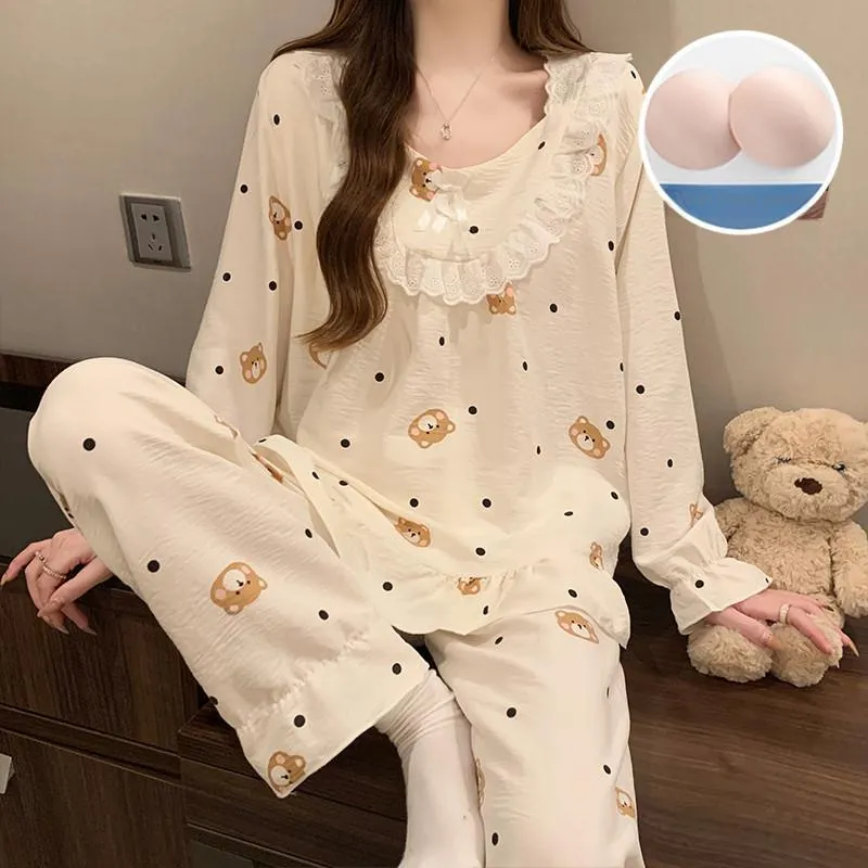 Pretty Lady Pajama Set Women's Apricot Base With Polka Dot-4