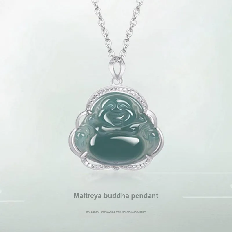 MOONS FAME Bean Type Jadeite Laughing Buddha Necklace Women's-1