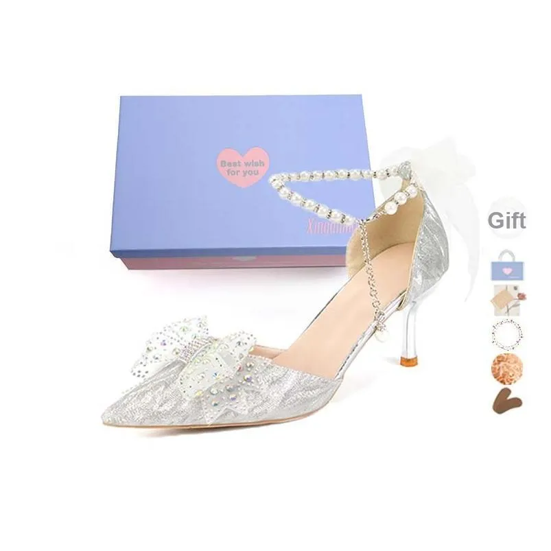 Xingdiman Узкий каблук Высокие каблуки 8 см 6 см Женские Серебряные [Подарочный набор в коробке]