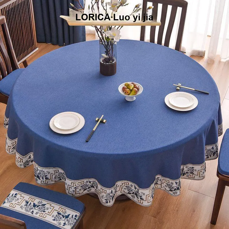 LUOYIJIA Fabric Ambient New Chinese Style Waterproof No Wash Fabric Large Round Dining Table For Home Use-8