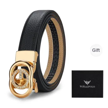 WilliamPOLO Top Grain Cow Leather Leather Belts Women's Gold Buckle Black Strap 2.4cm Width