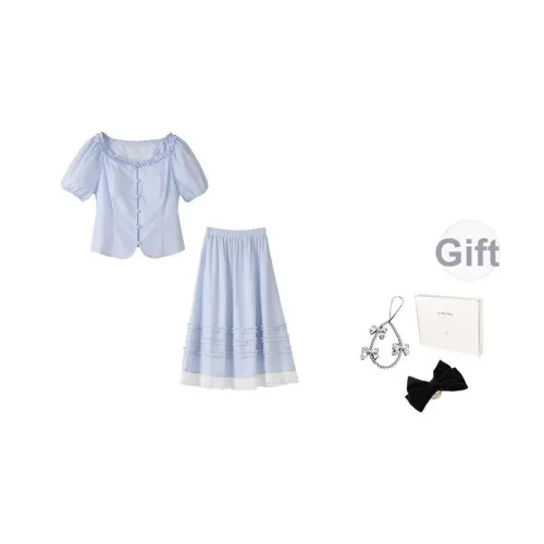 Fstudio Летний Корейский стиль Pure Круглый вырез Кружево Отделка 100% хлопок Топ Комплект с Юбкой Женские