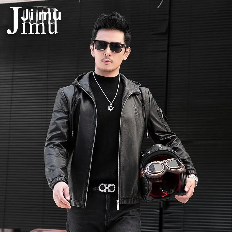 JIMU Haining Genuine Leather Jacket Men's Hooded Goatskin Jacket Slim Fit Cropped Motorcycle Jacket Trendy Coat Men's-5