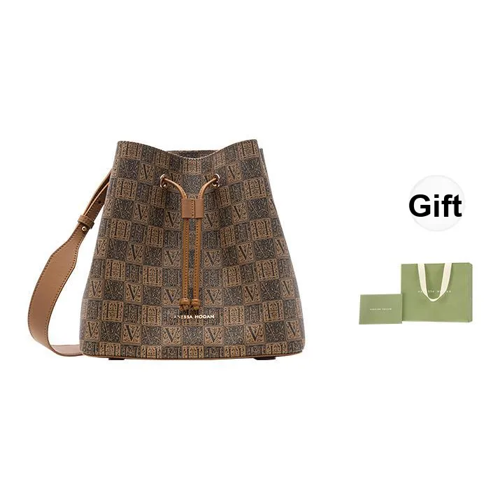 VANESSA HOGAN Monogram Cow Leather Bucket Bags Shoulder Bags Women's Apricot/Dark Brown