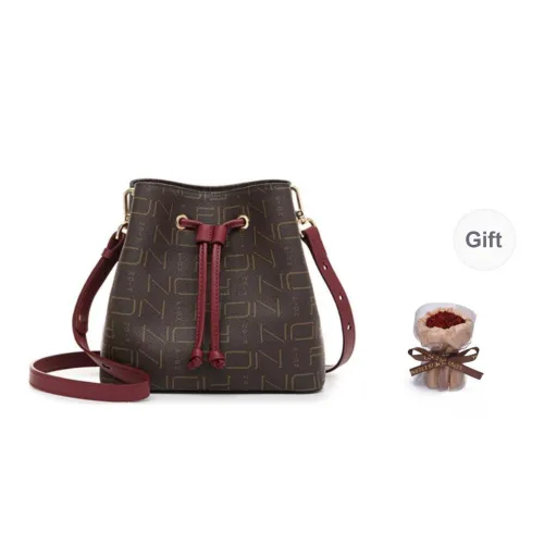 FION Artificial Leather Bucket Bag Small Handbag Shoulder Bag Crossbody Bag Women's Coffee & Camel/Coffee & Apricot Red