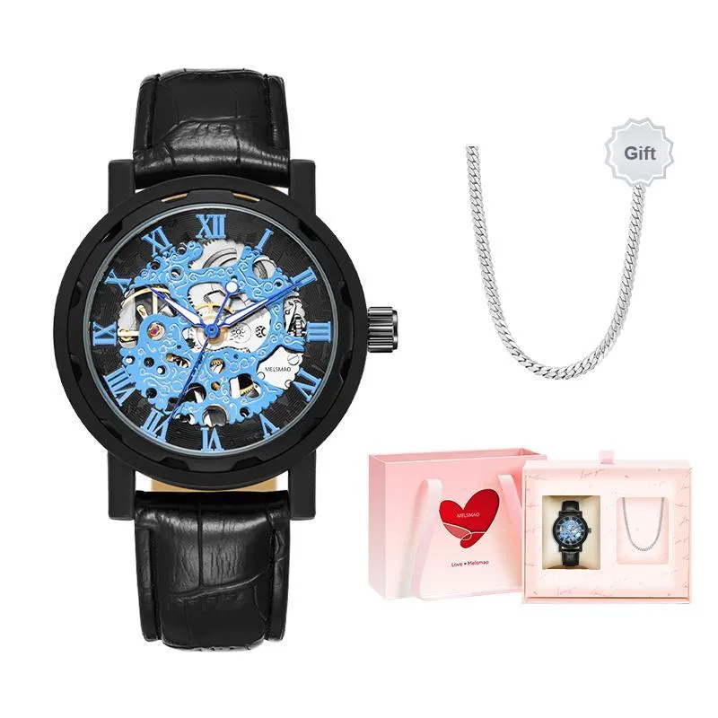 MELSMAO Semi-Automatic Wrist Watch Mechanical Movement Leather Watch Bands Watch Men's Watches Cut-Out Dial-12