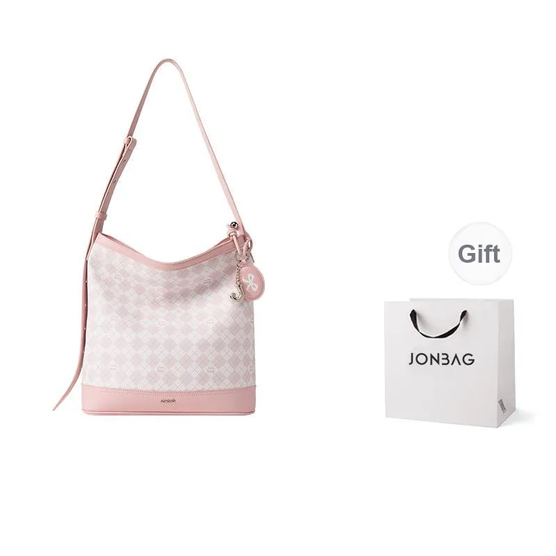 JONBAG PVC Fashion Vintage Versatile Commute Shoulder Bag Medium Size Women's White With Grey Pink/White With Nut Brown-8