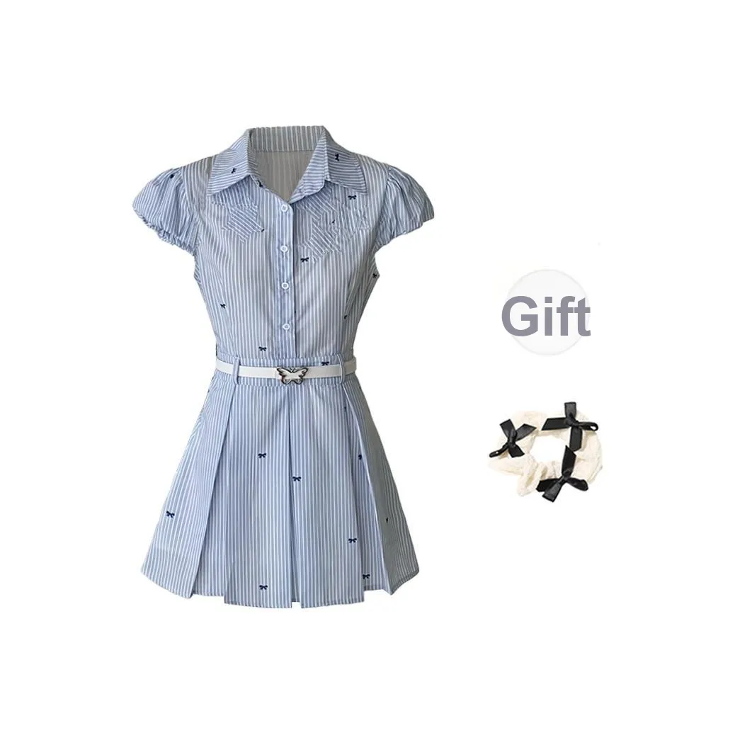TORIGHT Short Sleeved Dresses Women's Blue With Belt+Bowknot Hair Tie Comes With