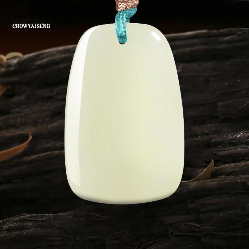 CHOW TAI SENG Hetian Jade Necklace Pendant, Everyday Travel Peaceful Versatile Style Pale Greenish White Jade Unisex-3