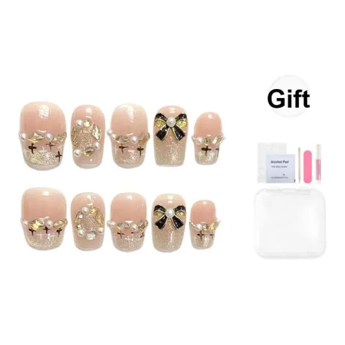 Yun Yue Joe Клетчатый Butterfly Rhinestone Жемчужный Стразы False Nail Короткий Розовый Градиентный Французский