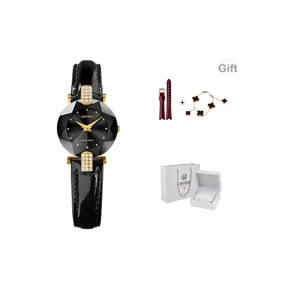 JOWISSA Cubic Diamond Collection Кварцевый механизм Женские часы Черный циферблат Корпус из нержавеющей стали Ремешок из натуральной кожи