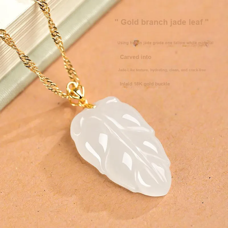 KUNYUYAO 18K Gold Inlaid Leaf Pendant Jade Pendant White Jade Unisex-10