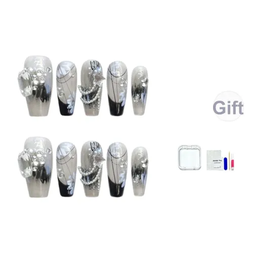 JINGCHANXUE Mystic Realm Cool Glitter Handcrafted False Nail Средний LADDER Black Smudge French 16mm