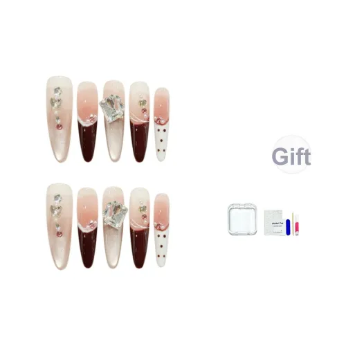 JINGCHANXUE [Карамельное какао] Polka Dot Французский False Nail Long Бордовый Градиент Кошачий глаз 20mm