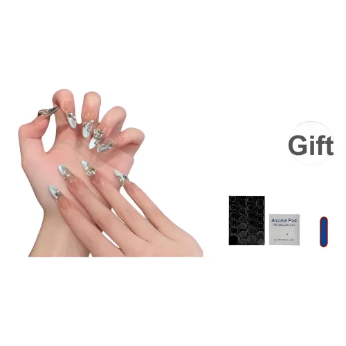 OUYUJI Ручной работы Готовый товар Съемный False Nail Миндаль MID Длина Овал Синий Смоки Стразы Украшенный