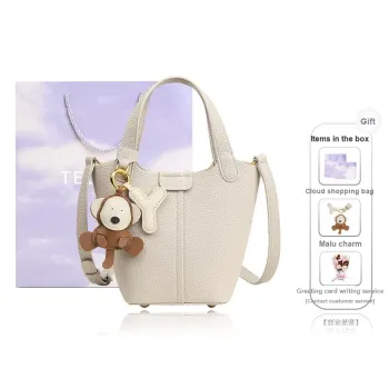 Teenmix Cow Leather Bucket Bag, Shoulder Bag, Handbag Medium Size Women's Camel/Ecru